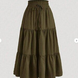 SHEIN Green Women's Waist Tie Multi-Layered Ruffle Hem Skirt